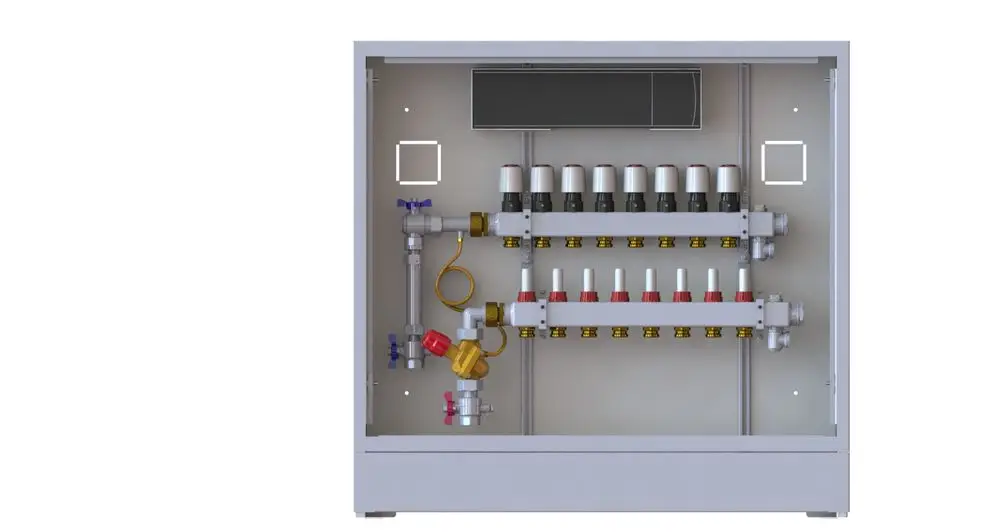 Danfoss Heizkreisverteilung, kompakte Einheit mit mehreren Ventilen und Anschlüssen, montiert in einem grauen Gehäuse. Ideal zur Steuerung von Heizsystemen.